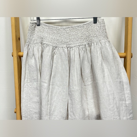 RACHEL ASHWELL Khaki 💯 Linen smocked waist full skirt size L - Picture 5 of 8